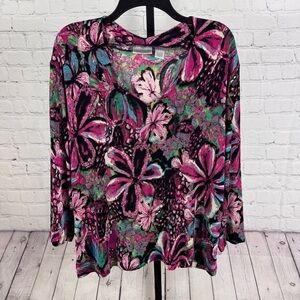 Chico’s Travelers Collection Floral V-Neck Long Sleeves Top Size XL